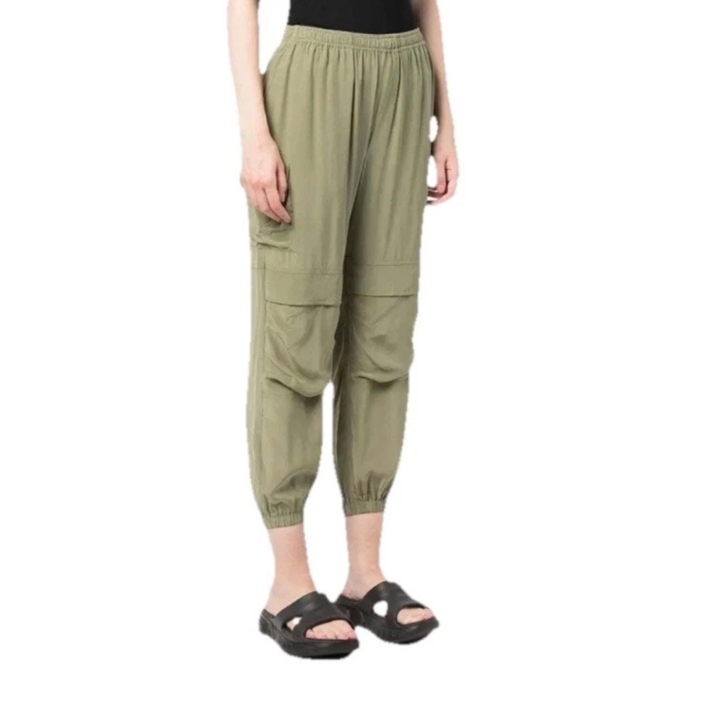 Designer John Elliot Cropped 100% Silk Trousers Green With Multiple Pockets Sz S